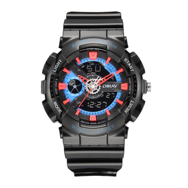 reloj de pulsera diray para hombre dr341adh1 negro digital 56 mm reloj deportivo digital negro con carátula de 56 mm, esfera análoga-digital con acentos azules y rojos, cristal resina y correa negra estriada; botones laterales visibles, resistencia al agua 50 m y funciones multifunción, ideal para correr o ciclismo.