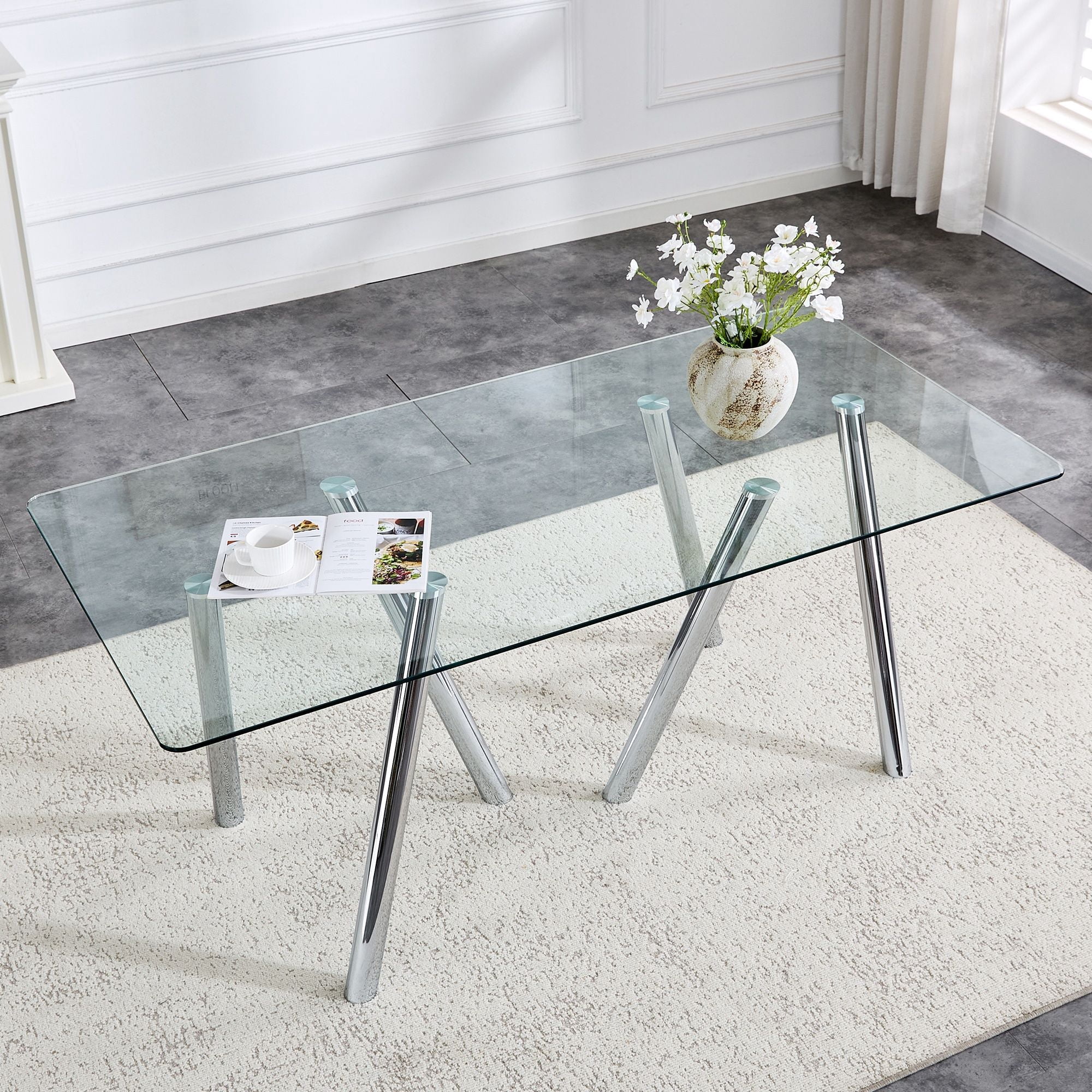 Alvantor 71" Tempered Glass Dining Table with White Metal Legs