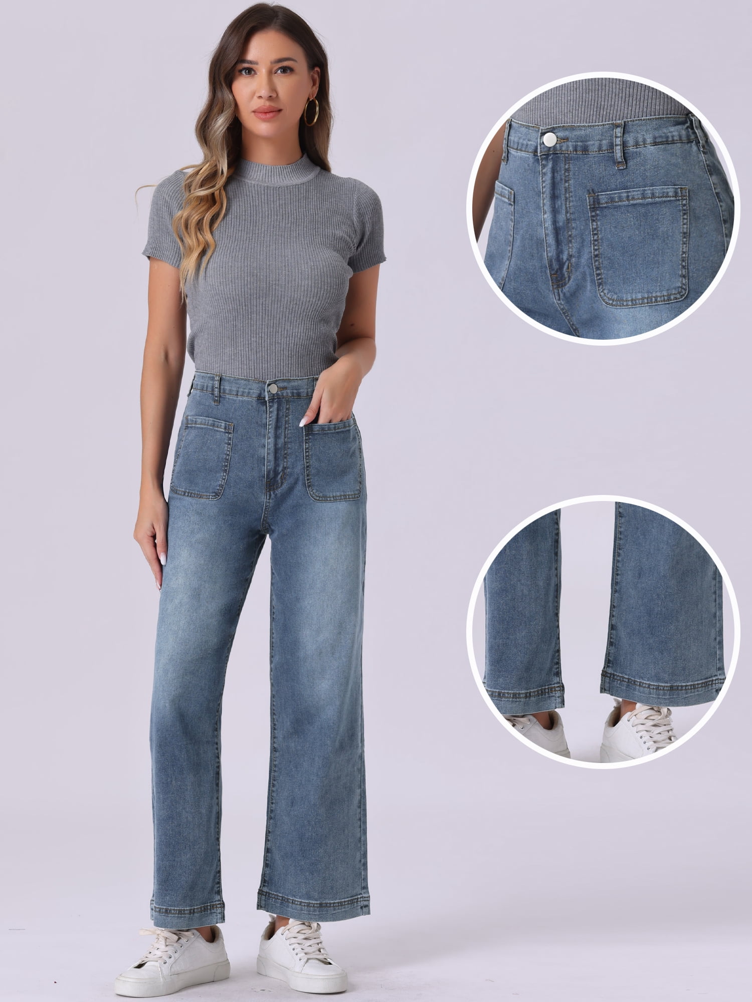 DARING DIVA Women's Wide High Waisted Stretchy Jeans Buttoned Denim Pants S Gray Blue