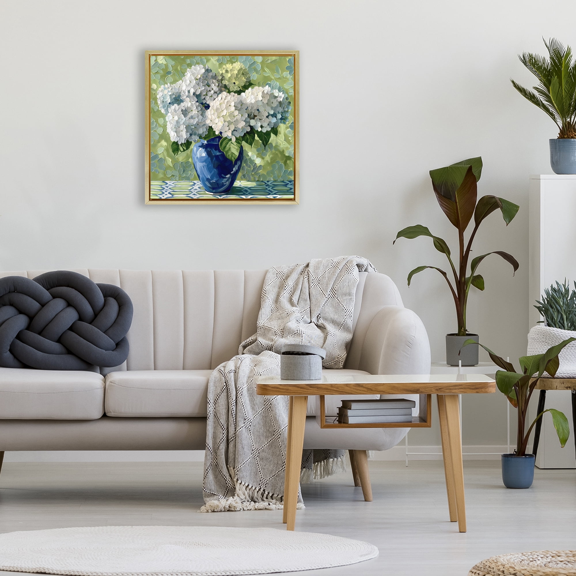 Stupell Industries White Hydrangeas in Blue Vase Gold Framed Floater Canvas Wall Art, design by Gina Kelly