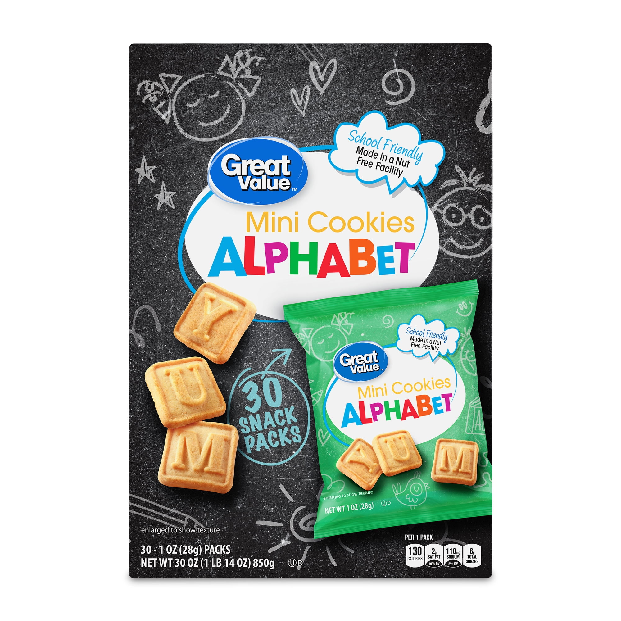 Great Value Mini Alphabet Cookies, 1 oz, 30 Snack Packs