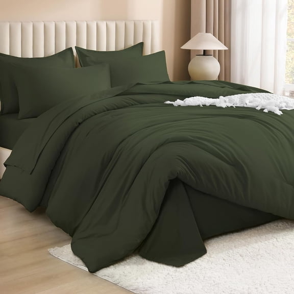Dark Olive Green Queen Size Comforter Set - 7 Pieces Bed in a Bag Queen Bedding Comforter Sets