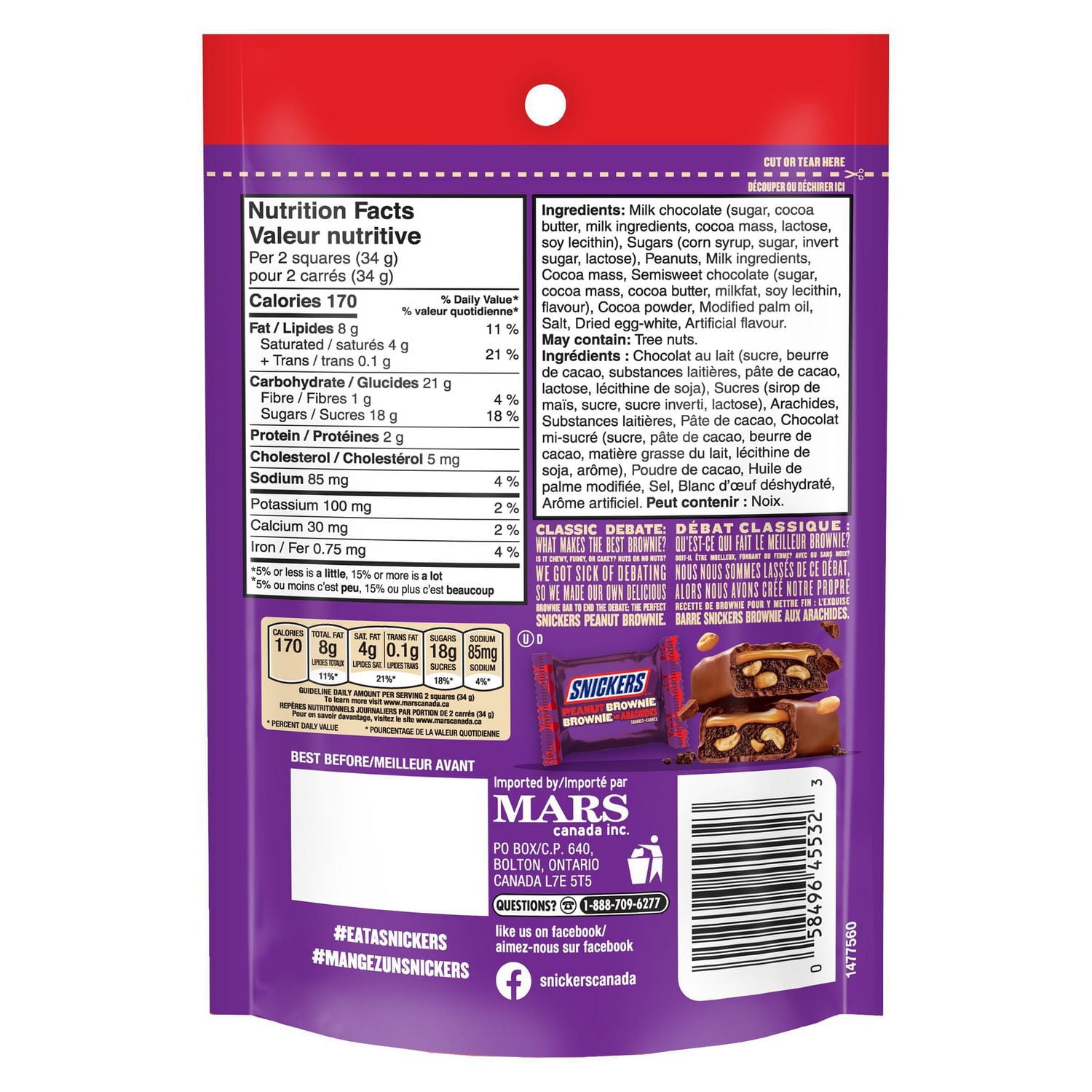 SNICKERS, Peanut Brownie Milk Chocolate Candy Squares, Sharing Bag, 136g