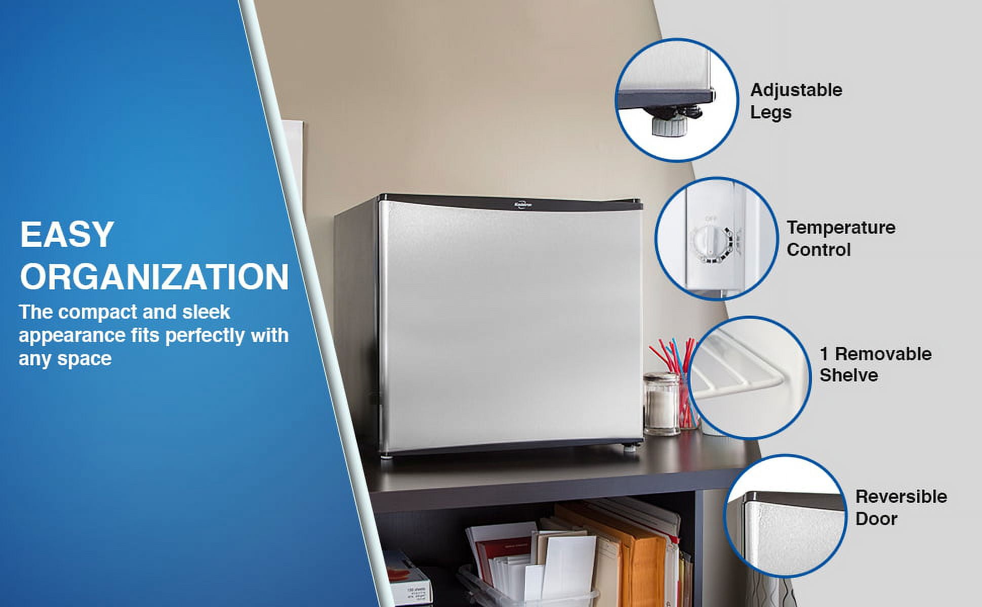 Koolatron 1.6 cu ft (44L) Stainless Steel Compact Fridge with Freezer, Flat Back, Reversible Door, Energy Efficient
