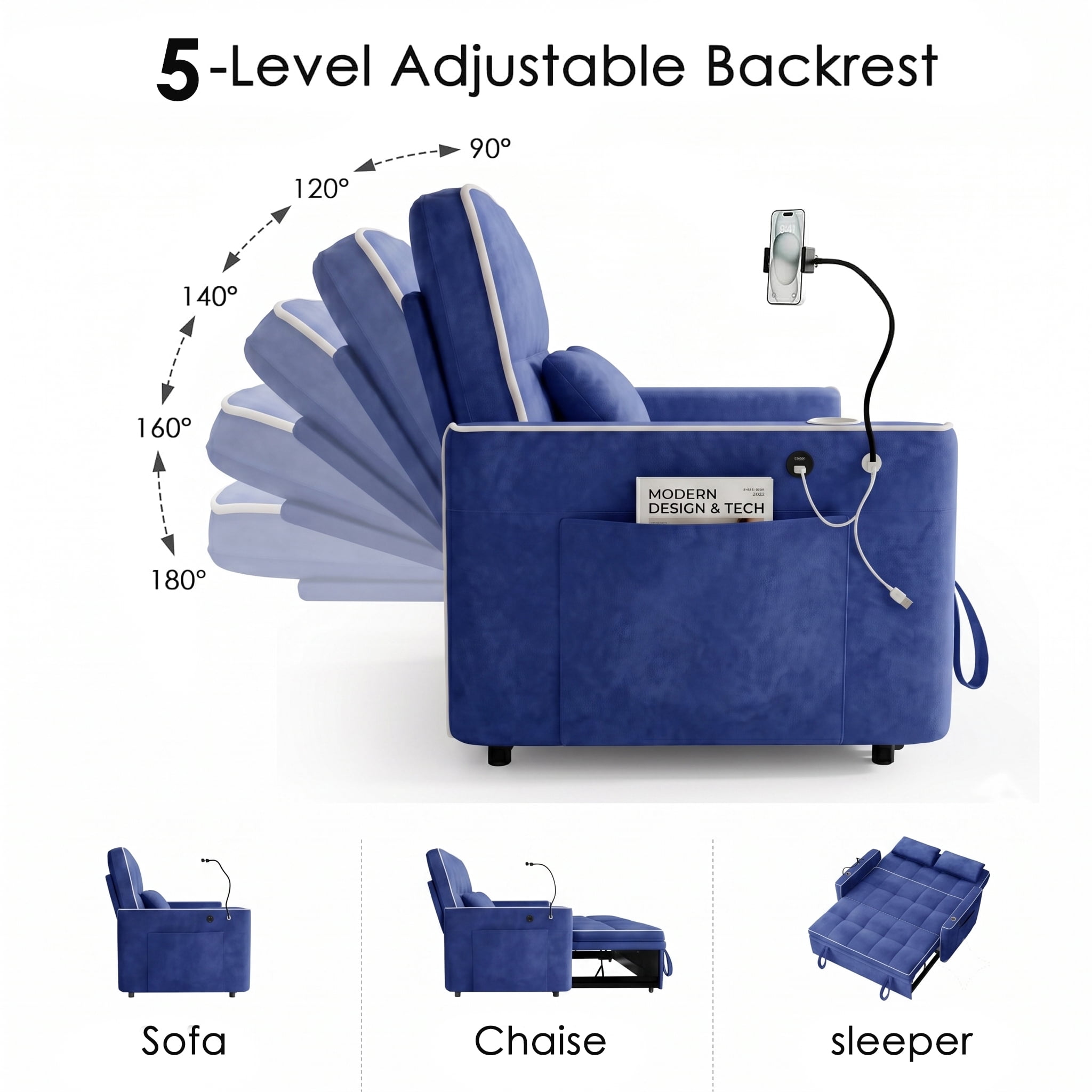 AISWORD 54" Convertible Sleeper Sofa Bed, Pull Out Loveseat Couch with USB Port, Phone Holder & Cup Holder, Adjustable Backrest for Apartment, Living Room, Office, Blue