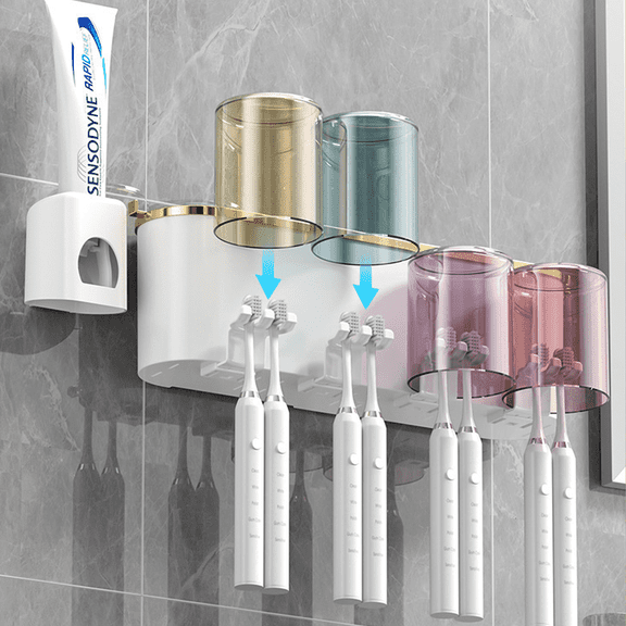Multifunctional Wall Mount Toothbrush Holder, Automatic Toothpaste Dispenser Squeezer with 4 Magnetic Cups, Bathroom Accessory Storage Organizer