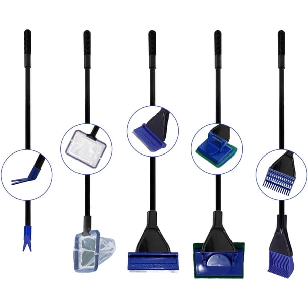 Kit de limpieza de acuario 5 en 1, herramienta de limpieza de peceras de vidrio: redes de aterrizaje, rastrillo de grava, raspador de algas (acero inoxidable), tenedor para plantas, esponja limpia