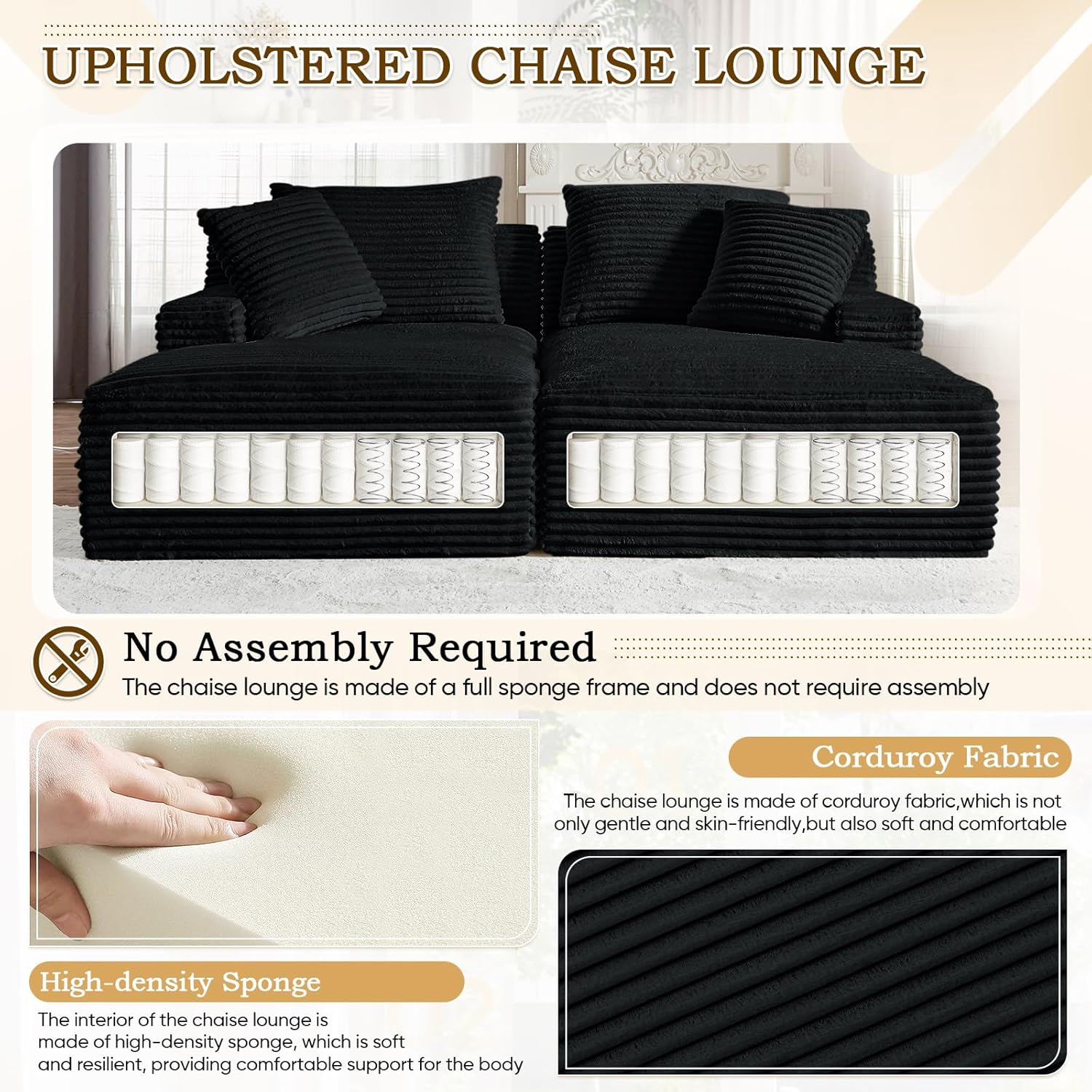 AENKYO Compressible Double Chaise Lounge Sectional Couch - Fluffy Upholstered 2-Seater Loveseat for Living Room, Bedroom, No Assembly Required, Black