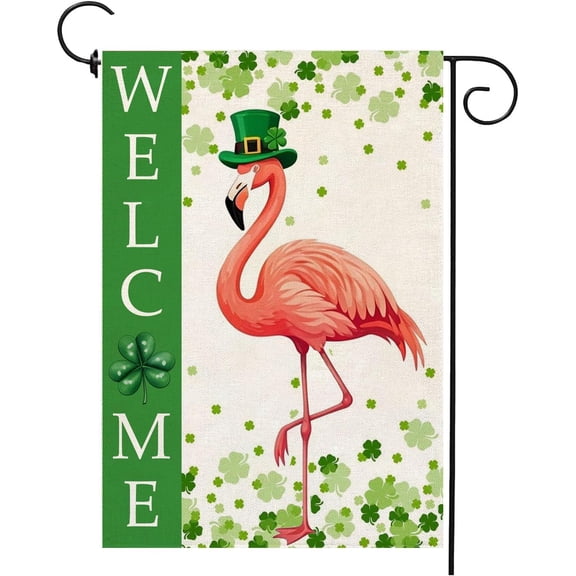 St Patricks Day Shamrock Garden Flag 12x18 Double Sided Flamingo and Clover Spring Yard Flag Green Outdoor Decoration