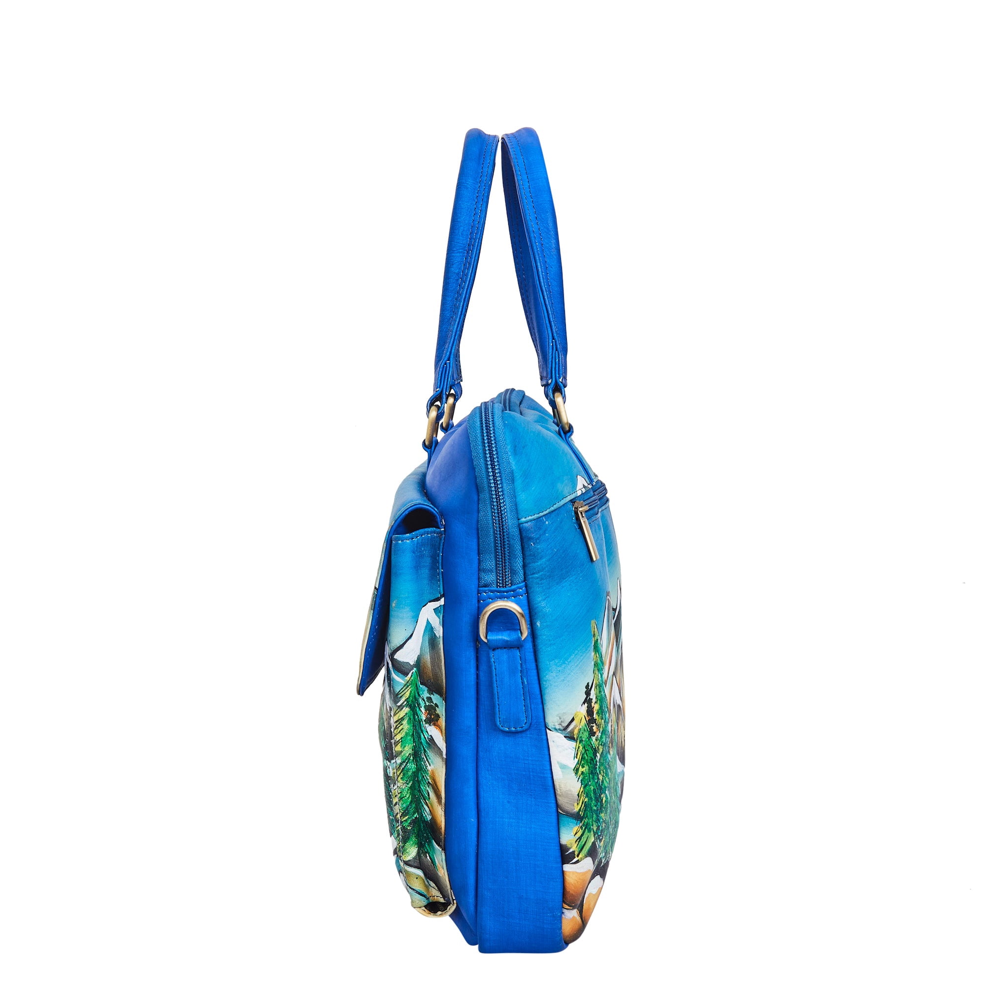 Sishka Womens Hand-Painted Leather Ladies Bags – Mountain Artwork Business Laptop Bag, Stylish Shoulder Briefcase for Women
