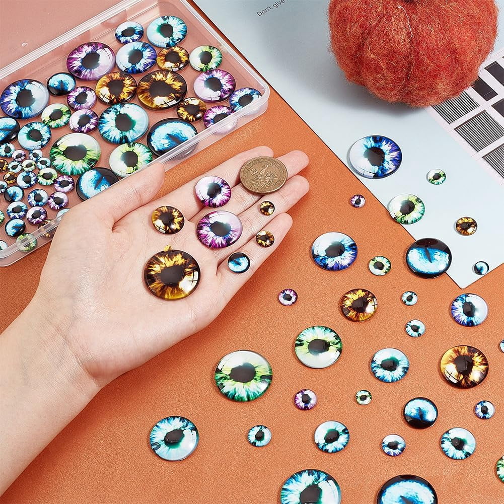 114pcs 42 styles Glass Cabochons Half Round/Dome with Eye Pattern Mixed color 8~30x3.5~7.5mm
