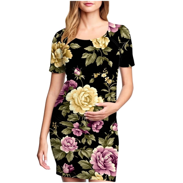 yoeyez Robes de Maternité pour Femmes à Manches Courtes, Col Rond, Robes à Fleurs, Robe Moulante en Coton de Maternité, Vêtements de Maternité pour Femmes Enceintes Multicolore, TG