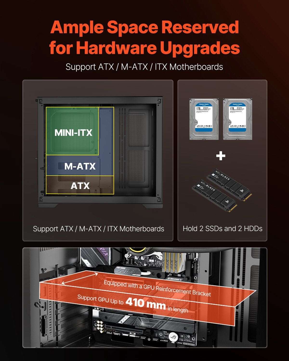 Mid Tower PC Case Dual Chamber Gaming Computer Case with Tempered Glass Panels Magnetic Dust Filter Cable Management Supports 410mm GPU Compatible with ATX M ATX ITX Motherboards No Fan Included