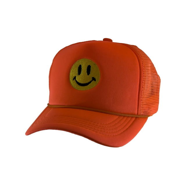 Gravity Threads Smile Face Embroidery Adjustable Trucker Hat - Smile - Neon Orange