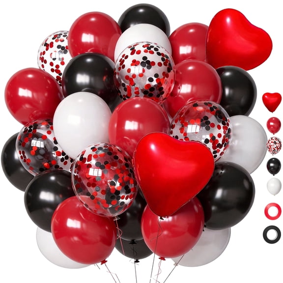 50Pcs Red Black White Latex Balloons 12 Inch with Black Red Confetti Balloons for Birthday, Wedding, Baby Shower, Graduation Party Decorations