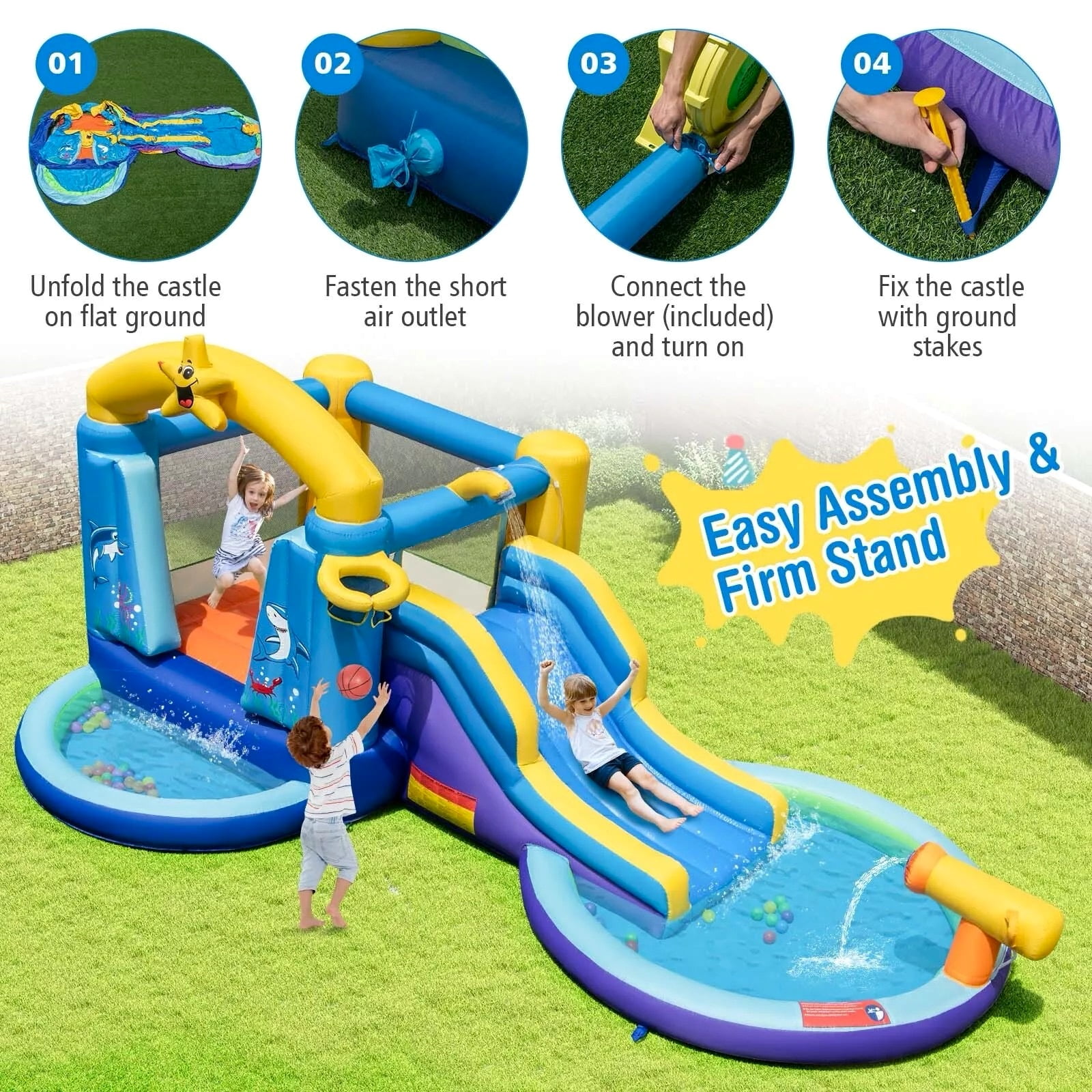 Auranook Kids Inflatable Water Slide Park Bounce Castle w/ 50 Ocean Balls & 735W Blower