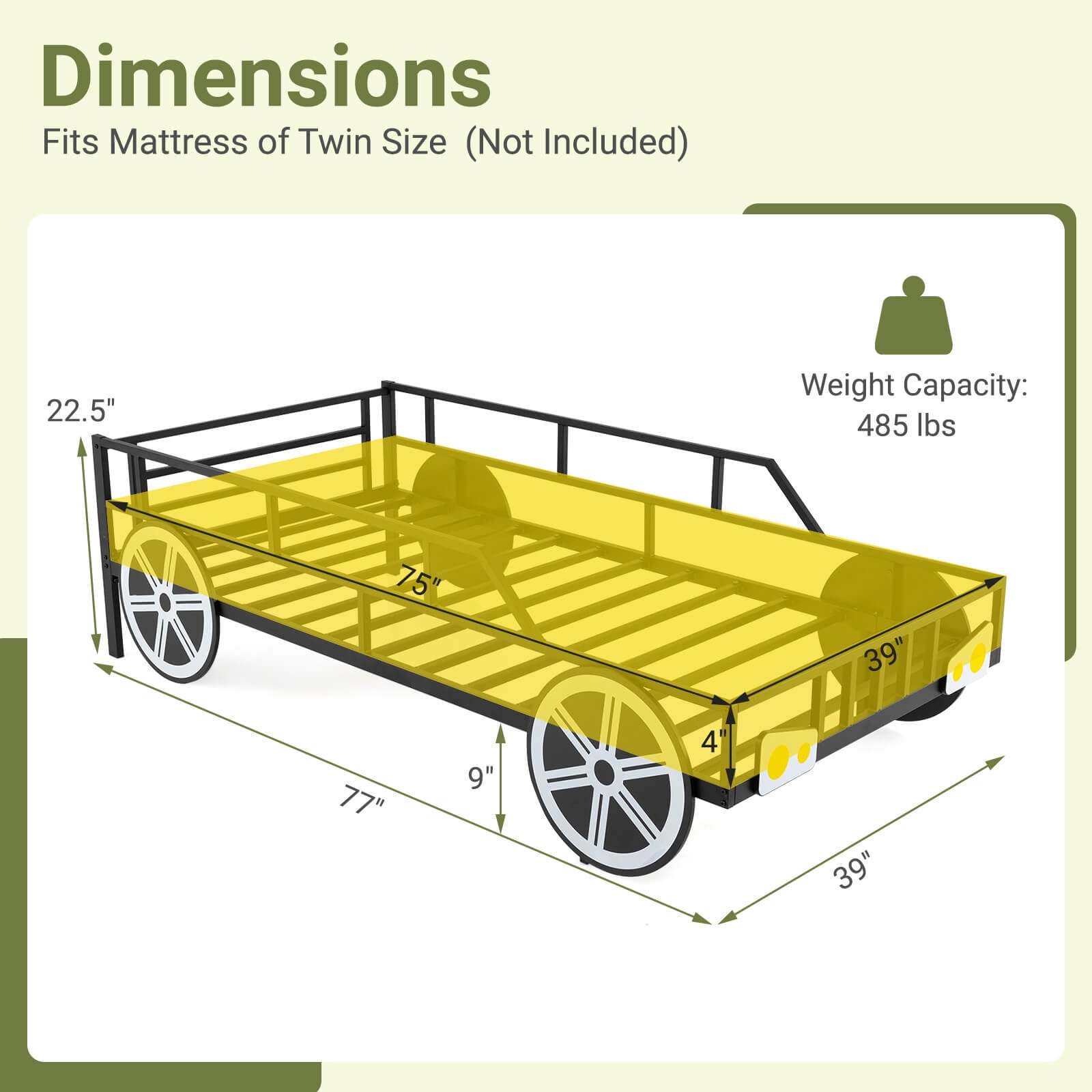 Costway Twin Car-Shaped Metal Bed Frame with Wheels Decorations Safety Guardrails