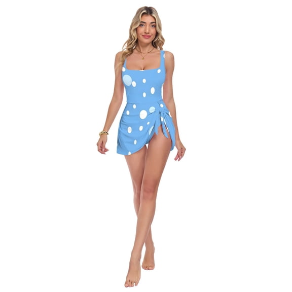 Womens Light Blue and White Bubbles Pattern Print 2-in-1 Swim Dress Detachable Skirt One-Piece Swimsuit Square Neck S-XXL