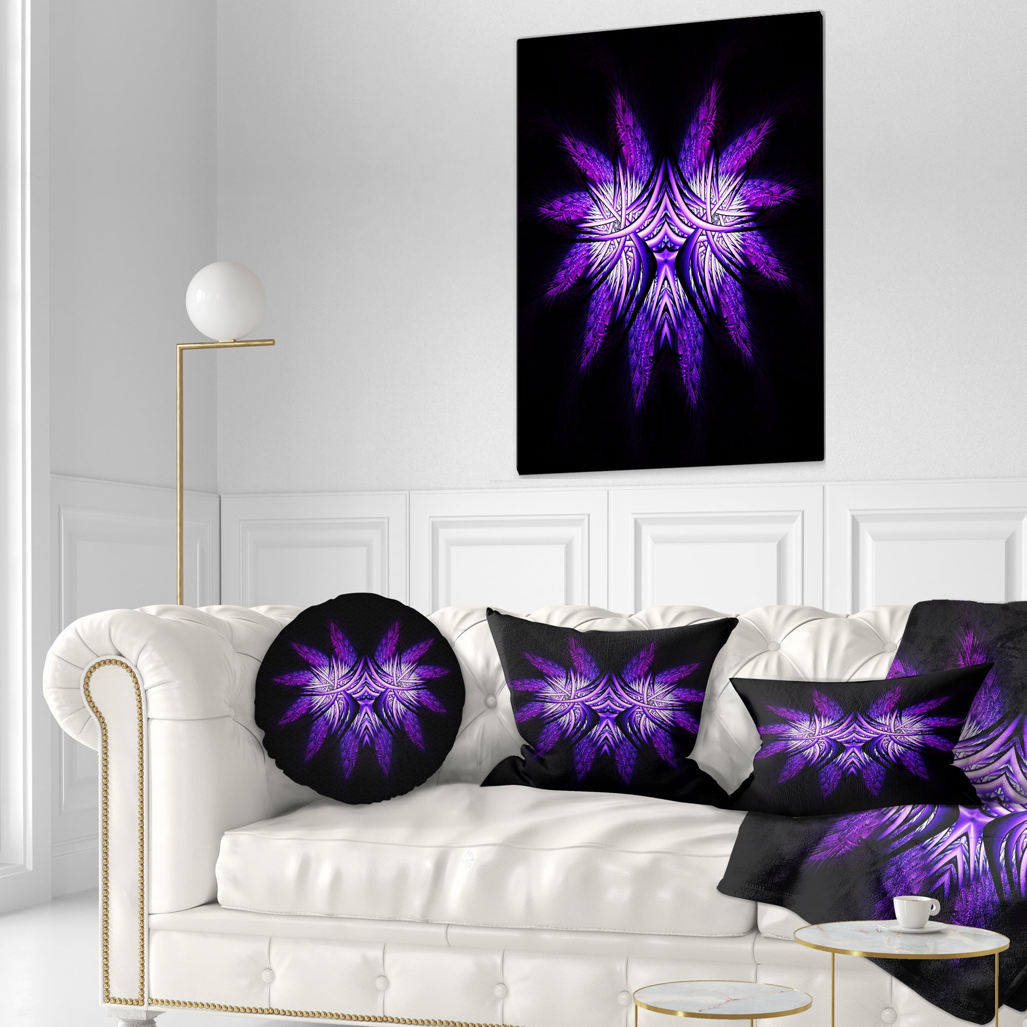 Designart Bright Purple in Black Fractal Flower - Abstract Throw Pillow - 12x20