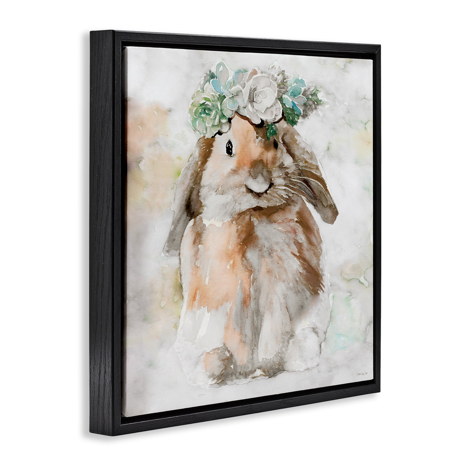 Stupell Industries Bunny & Spring Floral Crown Animals & Insects Painting Black Floater Framed Canvas Art Print Wall Art, 25 x 25