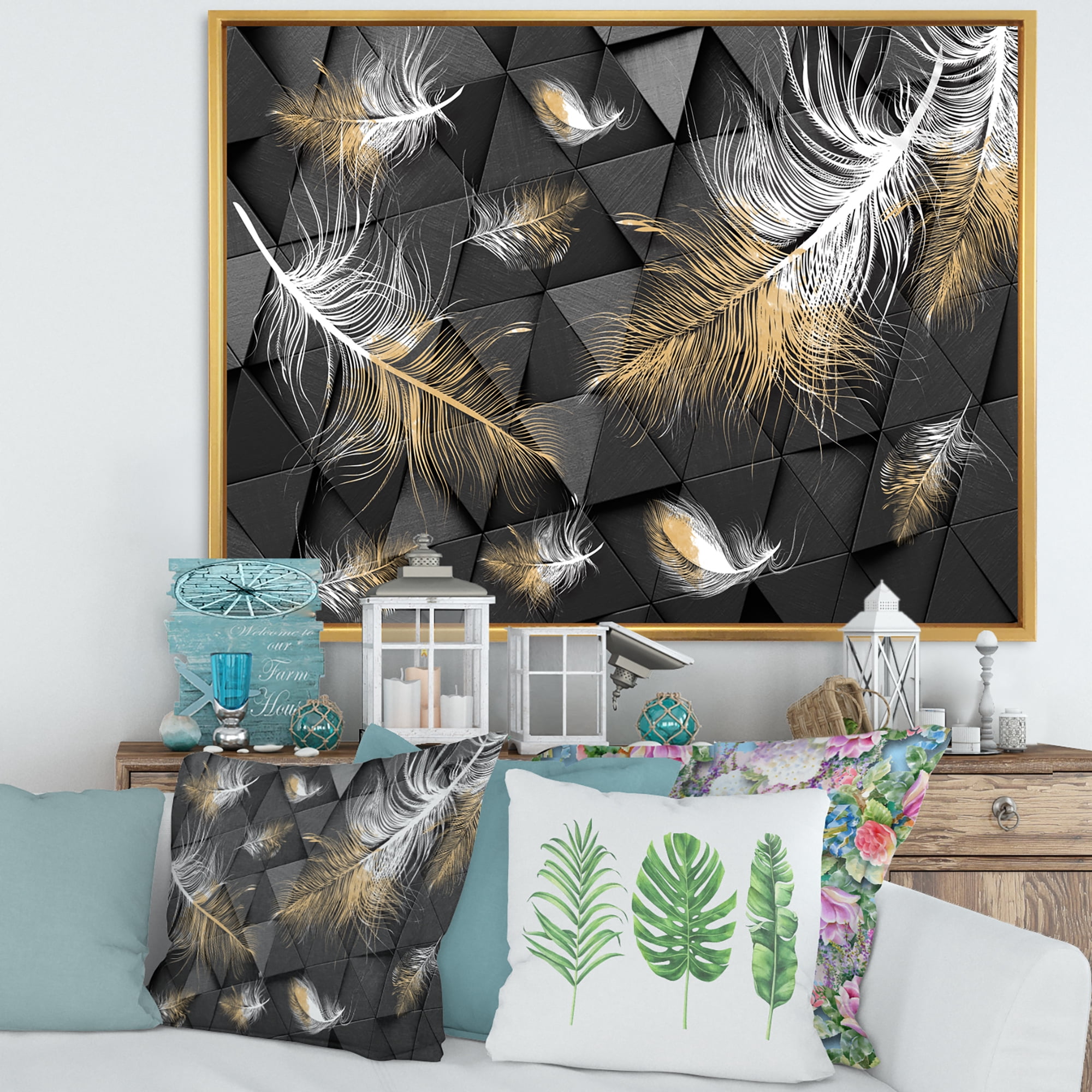 Designart 'Gold and White Feathers On Triangular' Modern Framed Canvas Wall Art Print
