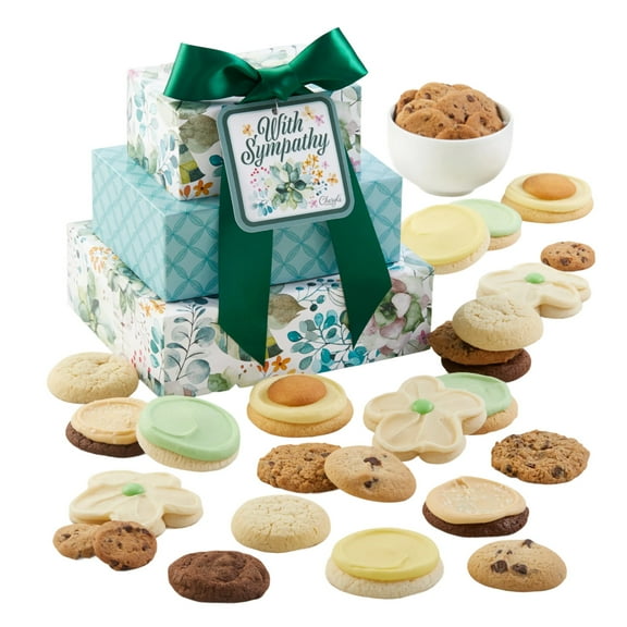 Cheryl's Cookies® Sympathy Gift Cookie Tower, with 34 Chocolate Chip, Oatmeal Raisin, Sugar & Buttercream Frosted Cookies, Individually Wrapped, Gift for Loved Ones, Condolences, Sorry for Loss