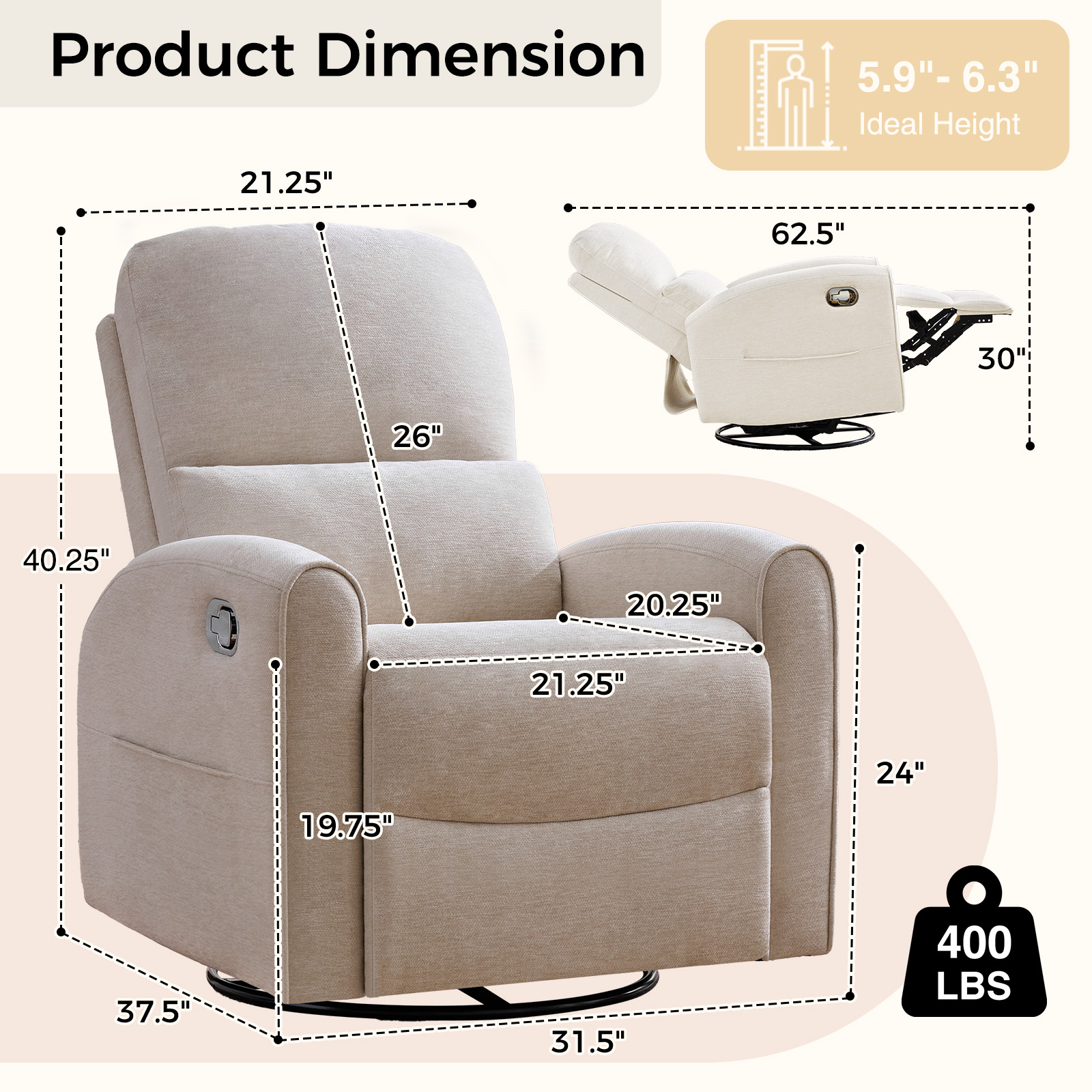 Aemeios Manual Recliner Swivel Chenille Glider Chair with Adjustable Headrest, Camel
