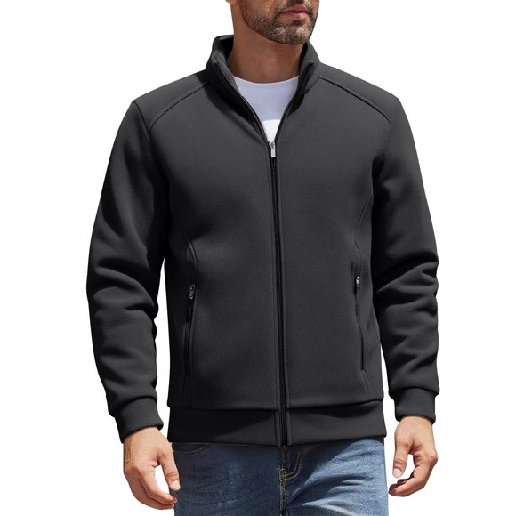 Lovzfmll Men's Polar Fleece Jacket, Notch Lapel Zip Up, Long Sleeve with Pockets, Soft Casual Outerwear, Fall Jackets for Men