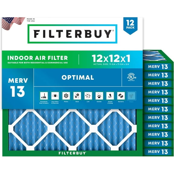 Filterbuy 12x12x1 Air Filter MERV 13 Smoke Defense, Pleated HVAC AC Furnace Filter Replacement, 12-Pack