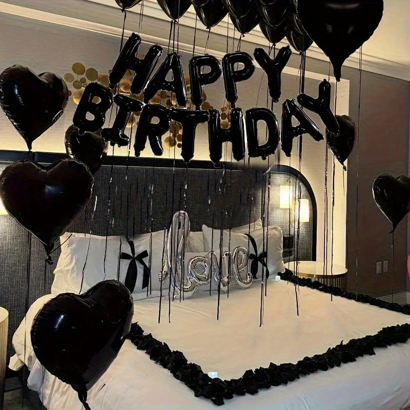 218pcs Black 16.0 Inch Birthday Balloons with Black Heart-Shaped Aluminum and Silvery Love Balloons, Including Black Petals - Perfect for Birthday Parties and Romantic Celebrations