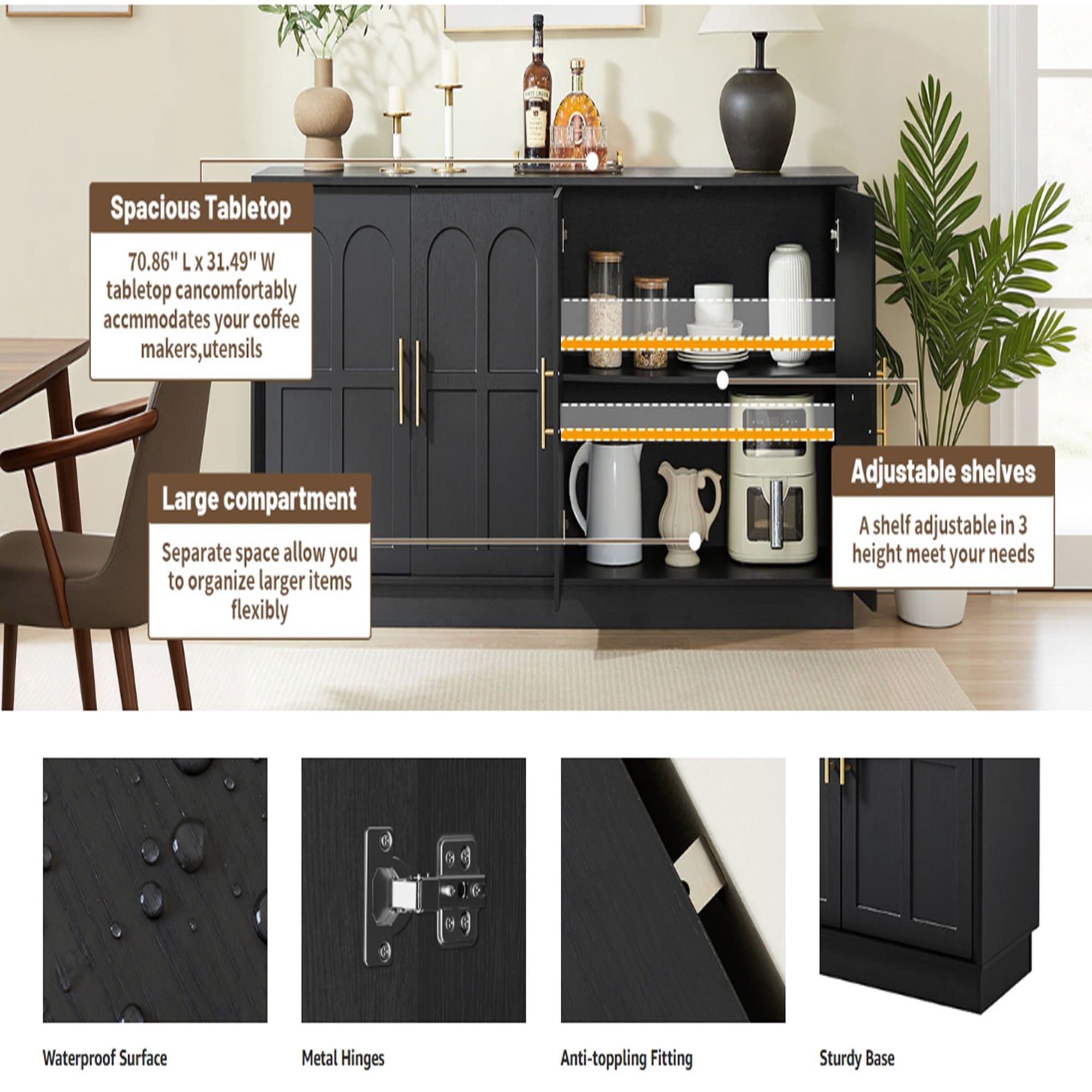BFJDM 67" Sideboard Buffet Cabinet with Storage, Modern Credenza with Arched Doors, Large Wood Accent Cabinet for Living Room Entryway (Black)