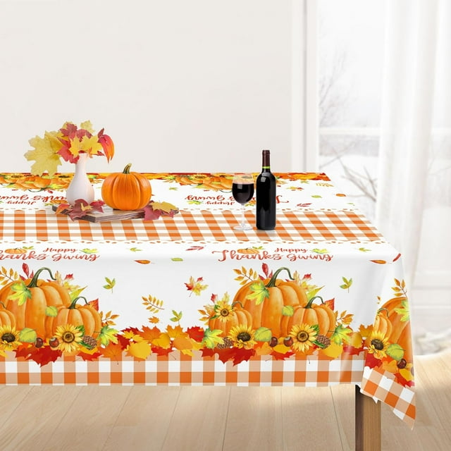Nappe d'Automne de l\'Action de Grâce en Tissu Rectangulaire - Nappe en Polyester pour Table Longue Récolte d'Automne Citrouille Orange Décor à Carreaux Buffalo Imperméable 60x120 Pouces