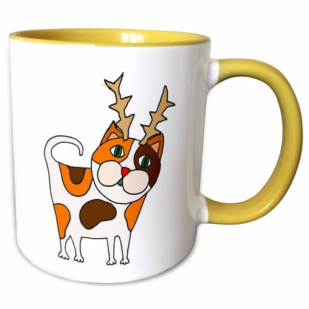 3drose, Funny Cute Calico Cat in Reindeer Antlers Christmas Art, 15oz Two-tone Yellow Mug
