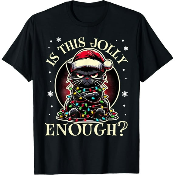 is This Jolly Enough Funny Black Cat Christmas Lights T-Shirt