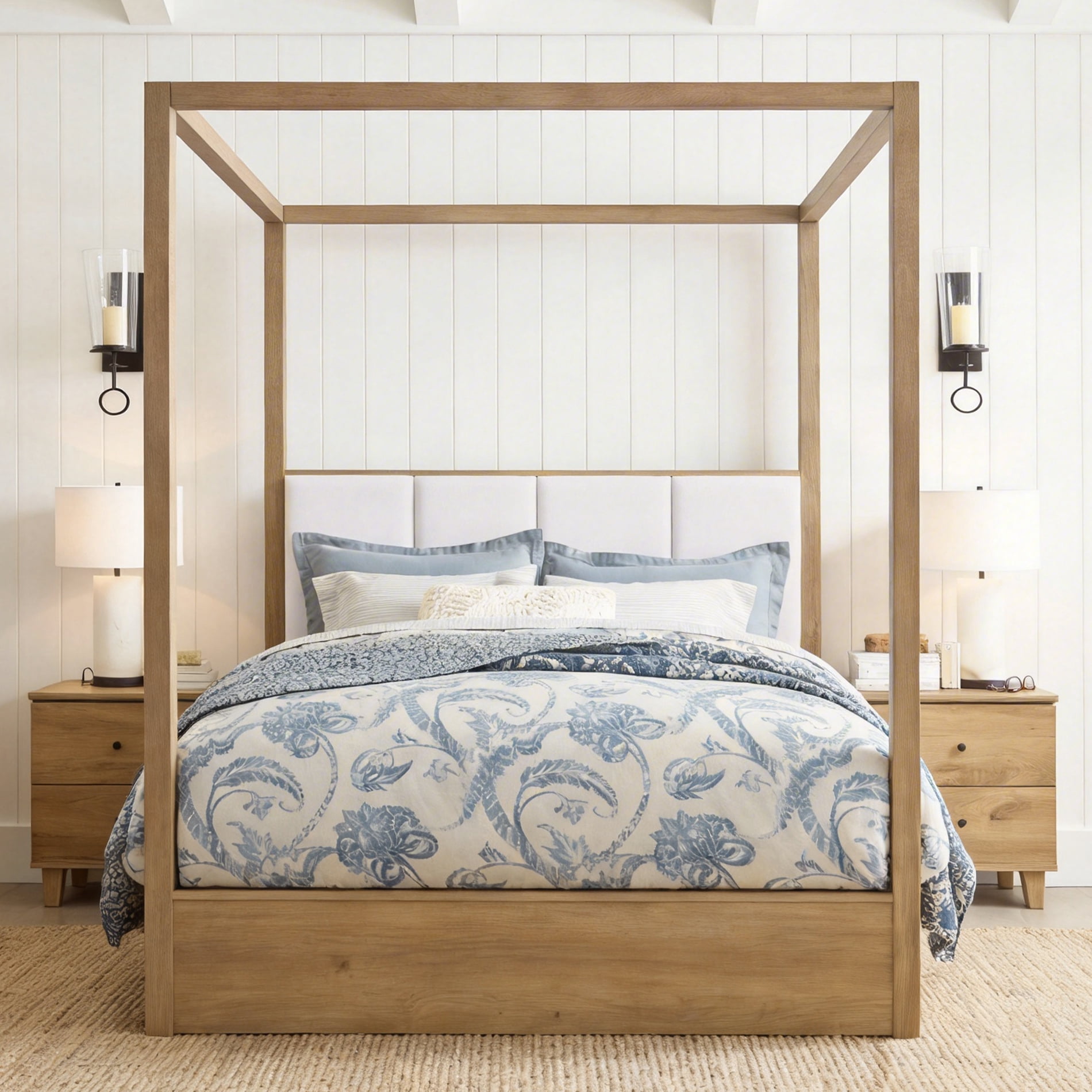 Mid-Century Modern Queen Size Canopy Bed Frame with Upholstered Headboard, No Box Spring Needed, Solid Wood 4 Poster Bed for Bedroom, Oak Brown