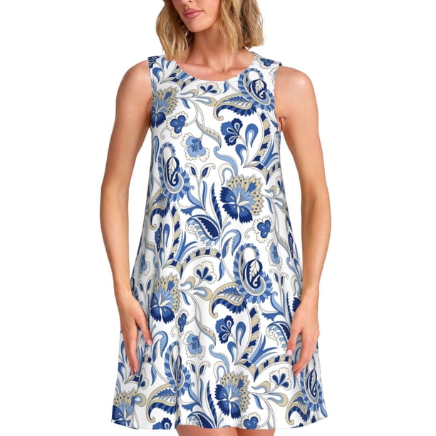 Fotbe Blue Paisley Vestido de Verano sin Mangas para Mujer – Vestido Midi Línea A, Estilo Camiseta Floral, Vestido Playero Casual y Fluido