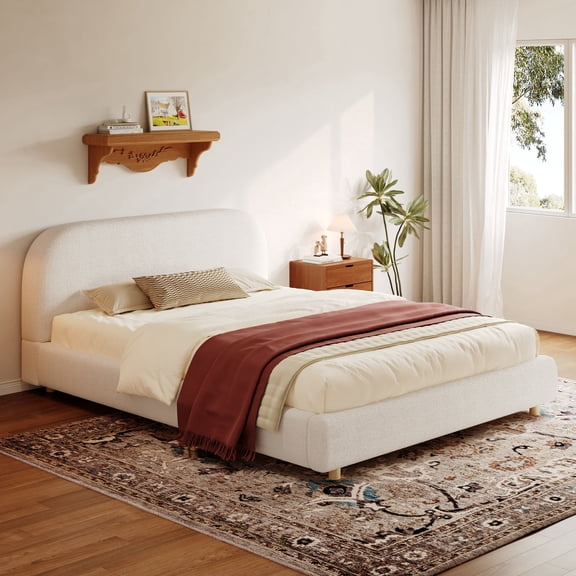 Upholstered Platform Bed Frame with Curved Headboard, Queen Size Wood Frame with Solid Round Legs, Teddy Fleece Thick Fabric for Bedroom