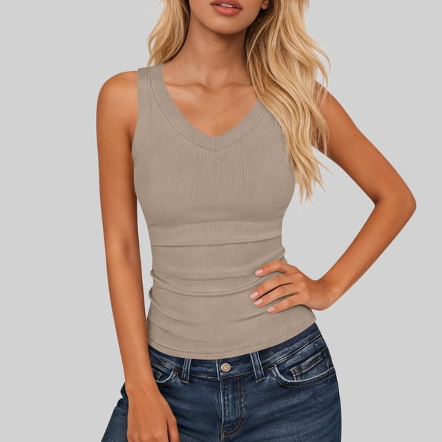LVHAOGJOB Womens V Neck Tank Tops Solid Color Summer Workout Plus Size Shirts for Women Sleeveless
