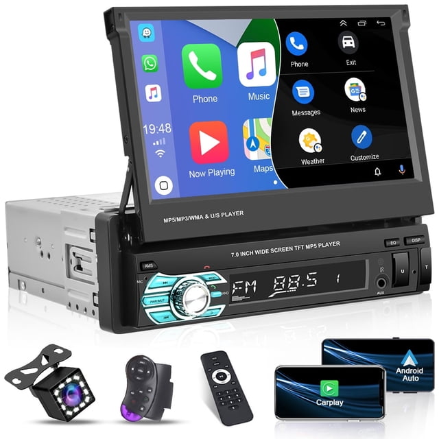 Podofo Radio Estéreo Auto Univ. 1 DIN, Pant. Táctil 7" HD, Retráctil, Bluetooth, Reprod. Video FM, Func. Enlace Espejo, Cámara Respaldo 12 LED