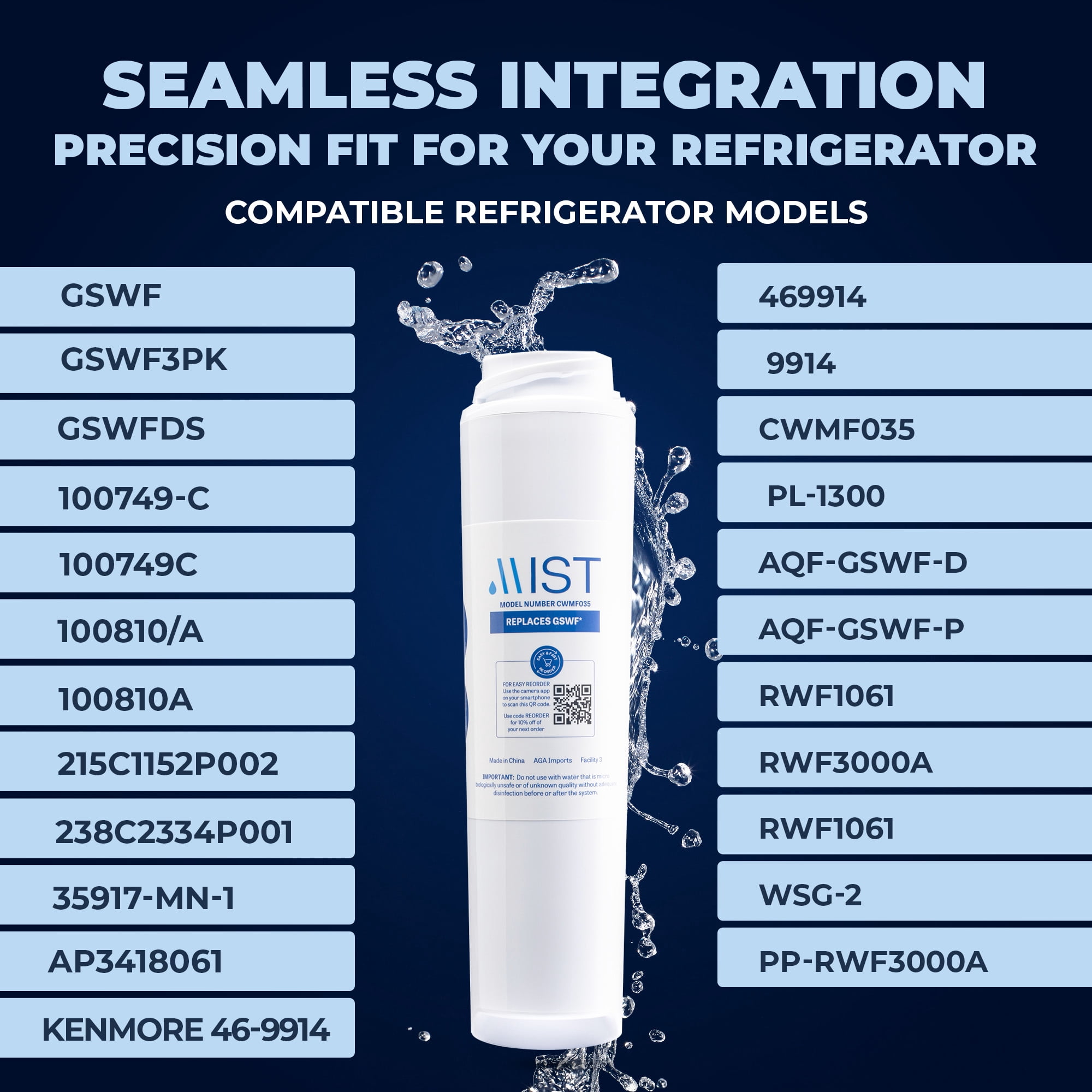 Mist GSWF Refrigerator Water Filter Replacement Cartridge for GE, Compatible with GSWF Smart Water, GSWFDS, 100749-C, 100810/A, 238C2334P001, Kenmore 46-9914- GE, 2-pack