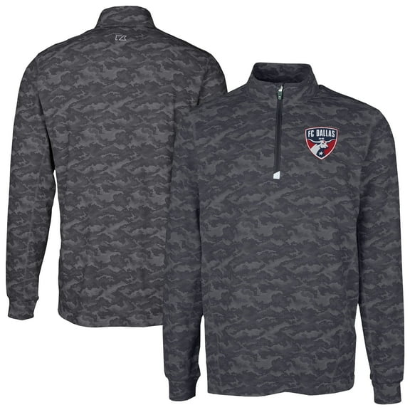 Men's-Cutter & Buck  Black FC Dallas Traverse Stretch Eco Camo Print Quarter-Zip Pullover Top