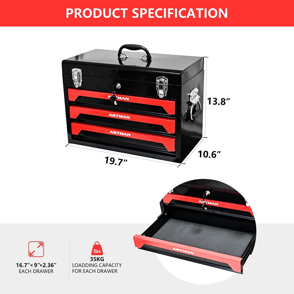 Portable Tool Boxes and Organizers with Lock, Steel Black