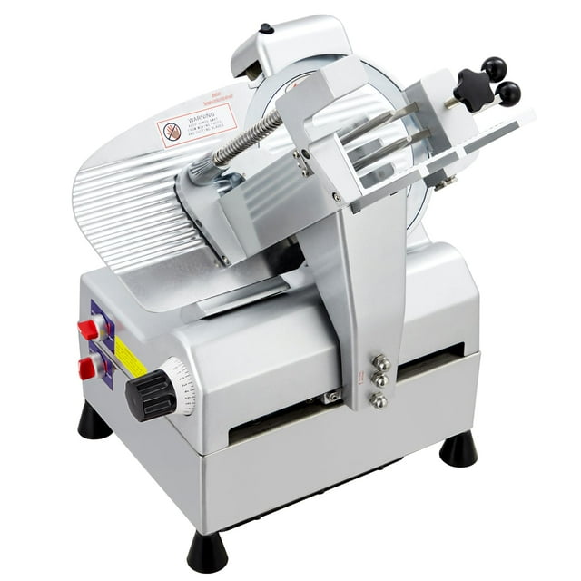 Commercial Meat Slicer by RONSHIN with a 210W pure copper motor, semi-automatic operation, and detachable 220mm blades. Features child lock protection and adjustment knobs for precision slicing. Ideal for kitchens, restaurants, and supermarkets. The slicer is displayed in a front-facing view with safety features and durable construction.