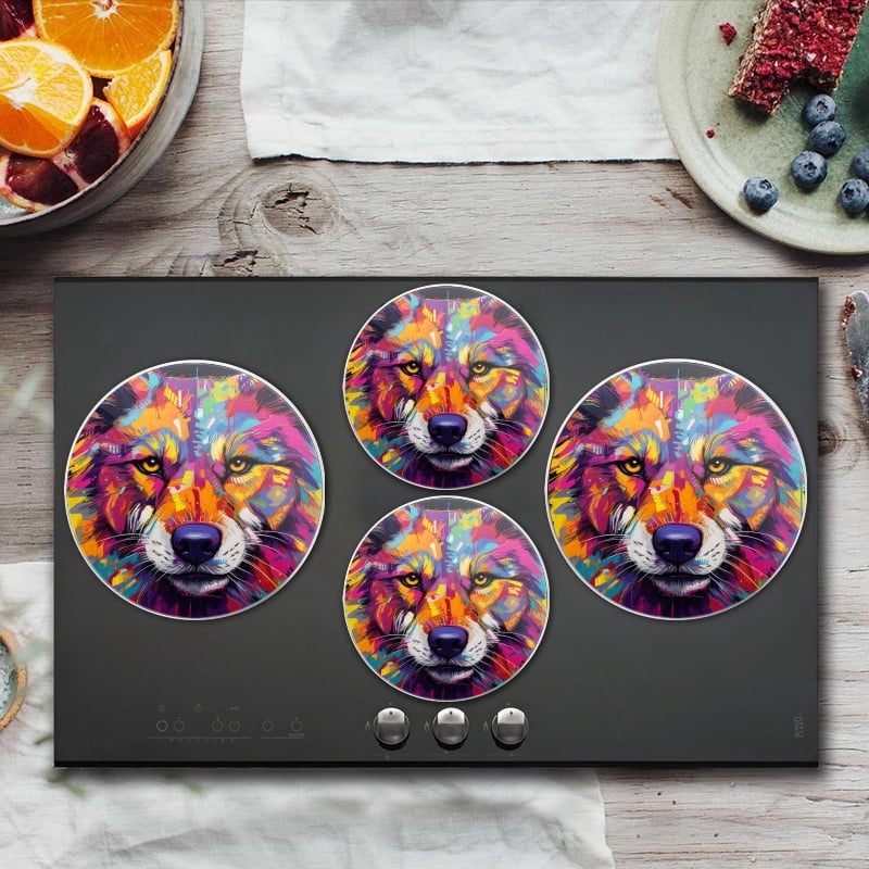 BaHomeck Electric Stove Burner Covers Set of 4,Round Metal Gas Stove Burner Covers 8 Inch and 10 Inch,Kitchen Decor,Vibrant And Colorful Wolf Face Portrait Featuring Bold Colors Like Neon Green