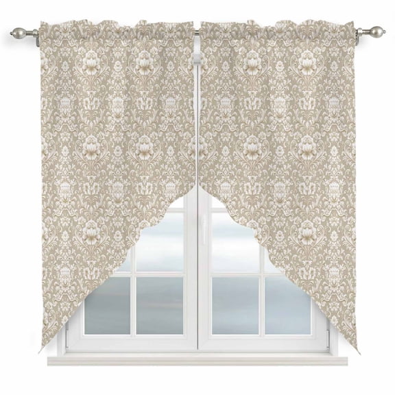 Beige Damask Kitchen Window Curtains, Swag Curtains Valance for Bedroom Living Room Bathroom, Vintage Country Scroll Floral Patterned Rod Pocket Window Treatment Curtain Block Drapes 2 Panels 36"x36"