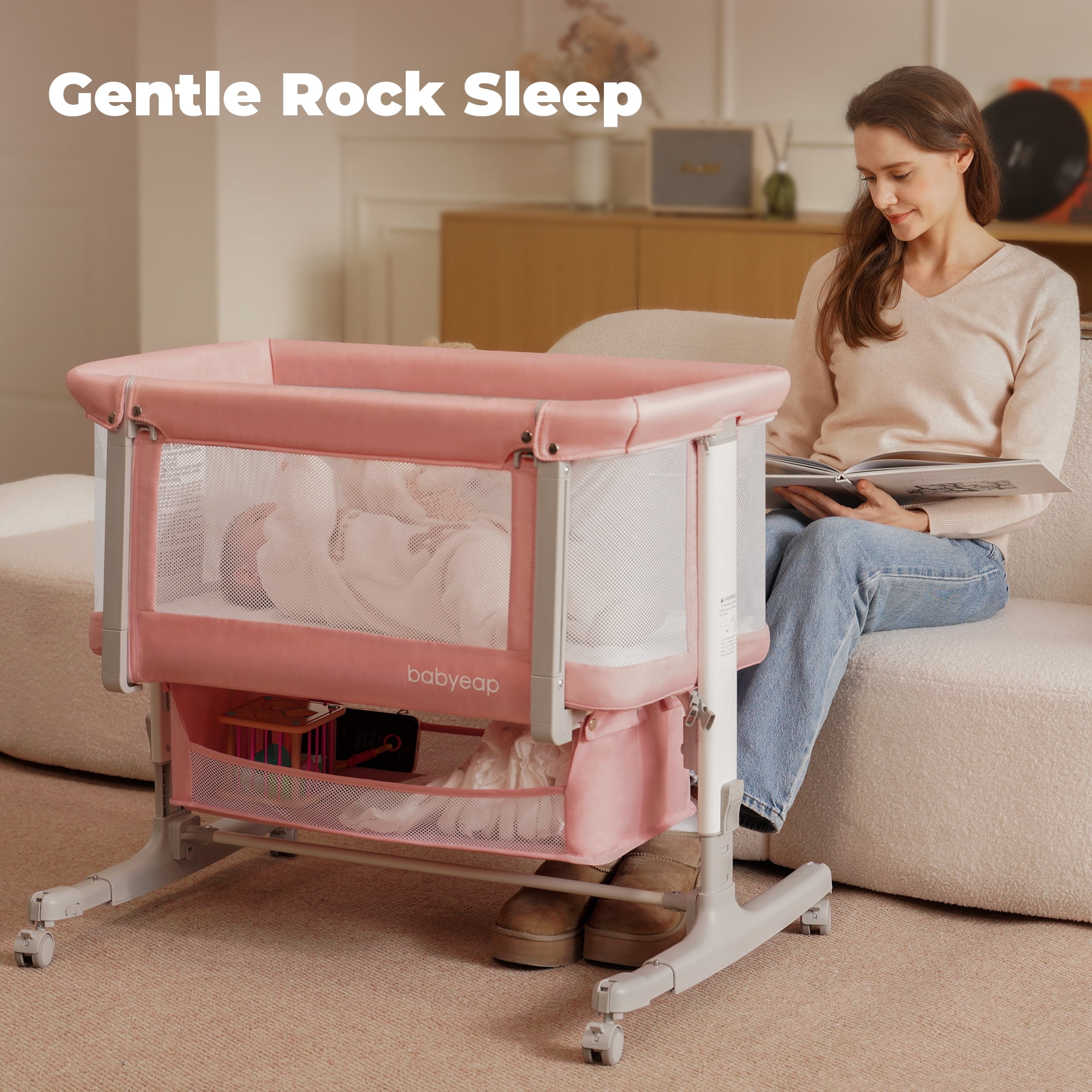 Babyeap Baby Bassinet for Newborn with Large Storage Basket, Pink