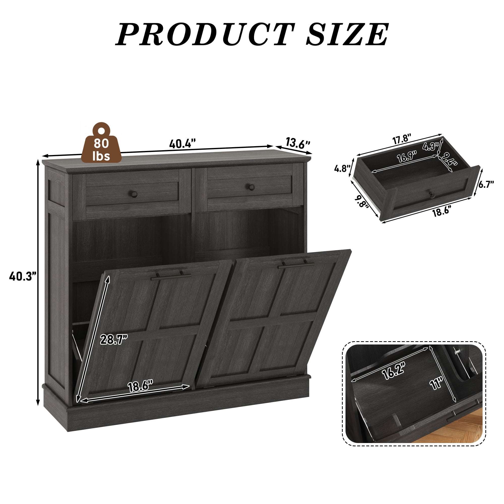 Blotout Double Tilt Trash Cabinet with 2 Hidden Drawers,Kitchen Hidden Trash Can with Flip Cover,Suitable for Kitchen,House,Apartment,Dormitory,Laundry Room