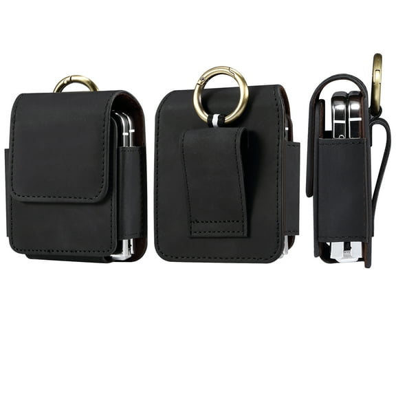 Dteck Phone Pouch for Samsung Galaxy Z Flip 7/6/5/4/3 Case with Belt Clip, Vegan Leather Vertical Pouch with Belt Loop, Metal Clip, Magnetic Closure,for Motorola Moto Razr 2025,Black