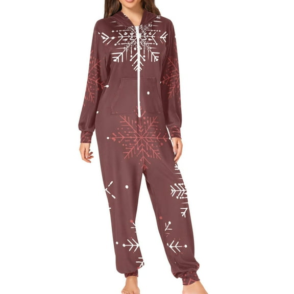 Elegant Snowflakes Christmas Adult's Hoodie Onesie Jumpsuit One-Piece Pajamas with Zipper Unisex for Holiday S