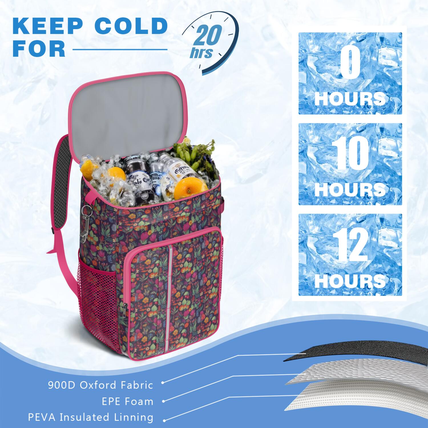 Travel Cooler Bag - Pioneer Flower Camping Beer Cooler Backpack with Bottle Opener- Waterproof Insulated Picnic Backpacks - Cooler Bag for Beach